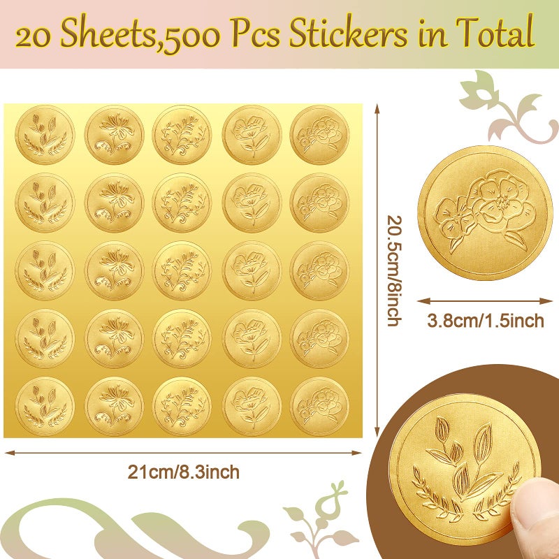 Chinco 500 Pieces Gold Embossed Envelope Seals Stickers Adhesive Seal Stickers Vintage Embossed Foil Certificate Kit Plant DIY Labels for Wedding Invitations Envelopes  5 Patterns(Flower Style) - Image 2